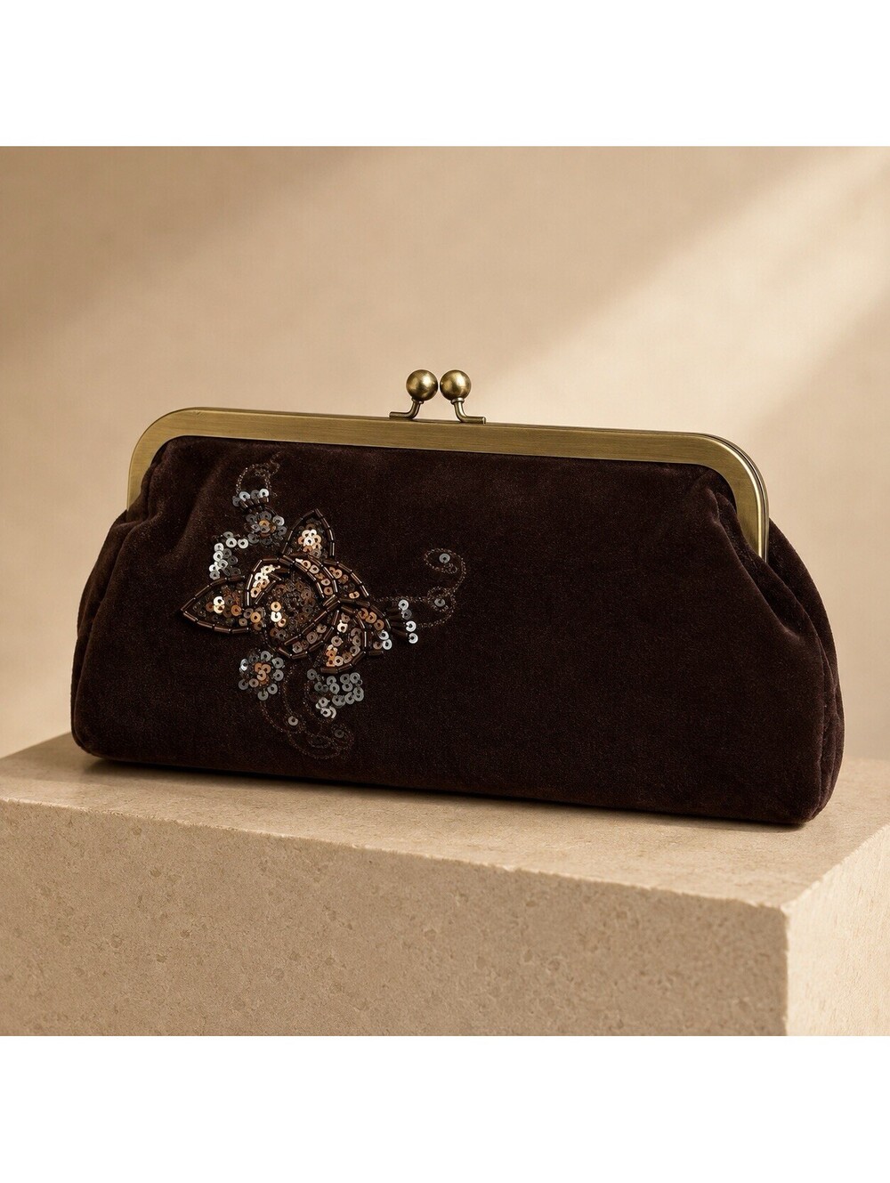 Y2K Express Kiss Lock Clutch Bag Embroidered Beaded Brown Velvet Fairycore Fall
